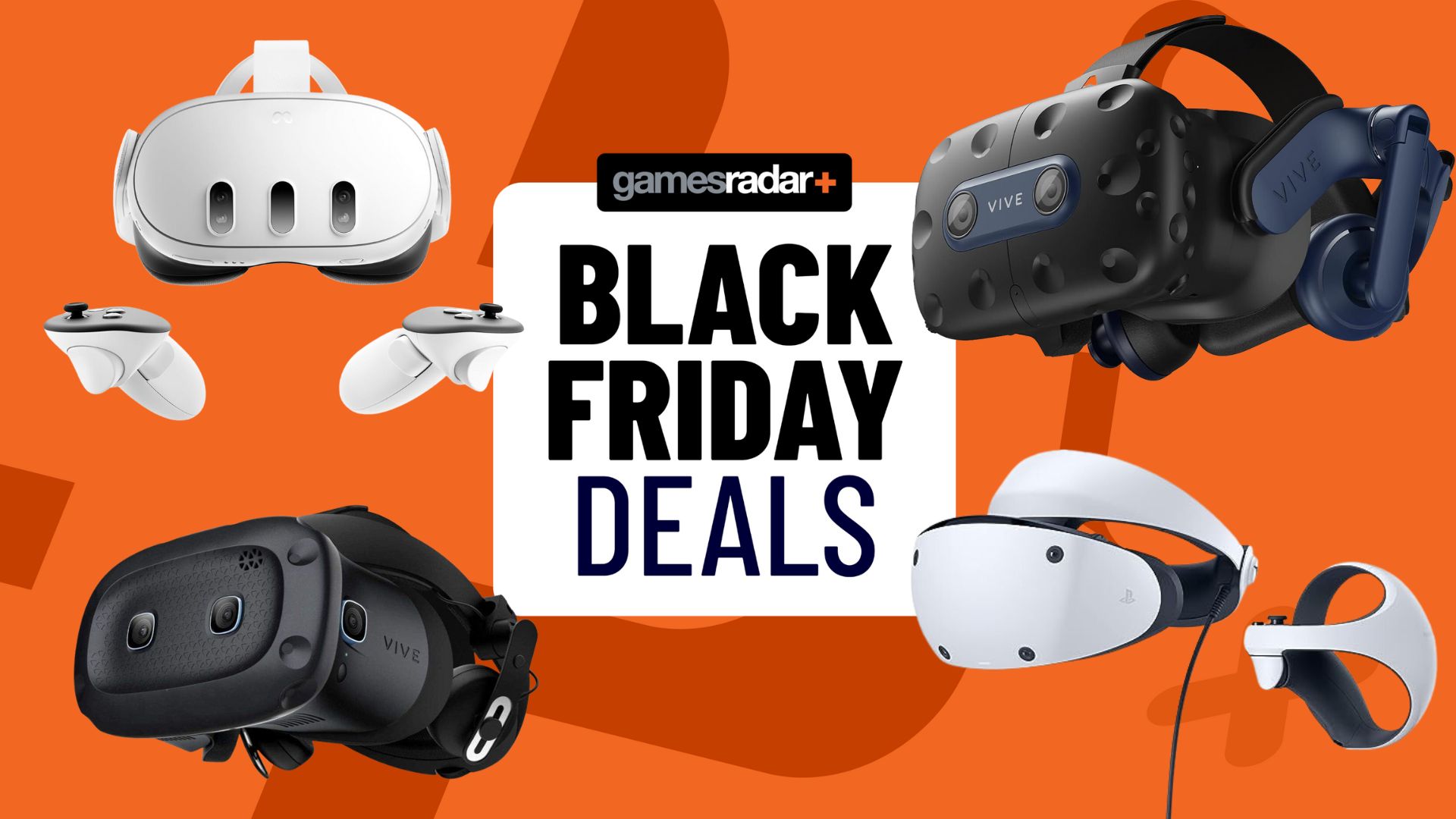 Black Friday VR headset deals hero image showing a PSVR 2, Meta Quest 3, HTC Vive Pro 2, and HTC Vive Cosmos Elite