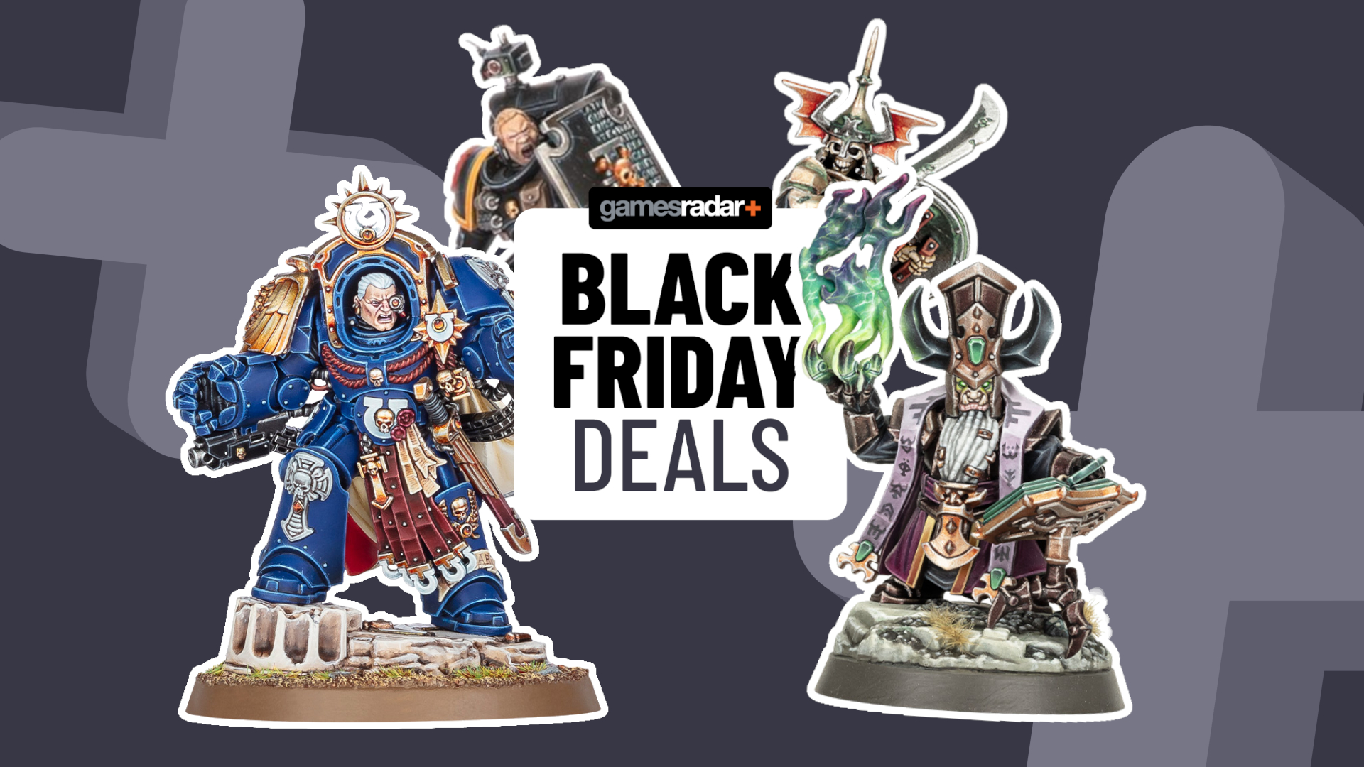 Marneus Calgar, Deathwatch, Soulblight Gravelord Skeleton, and Daemonsmith models on either side of a GamesRadar+ Black Friday deals badge against a gray background