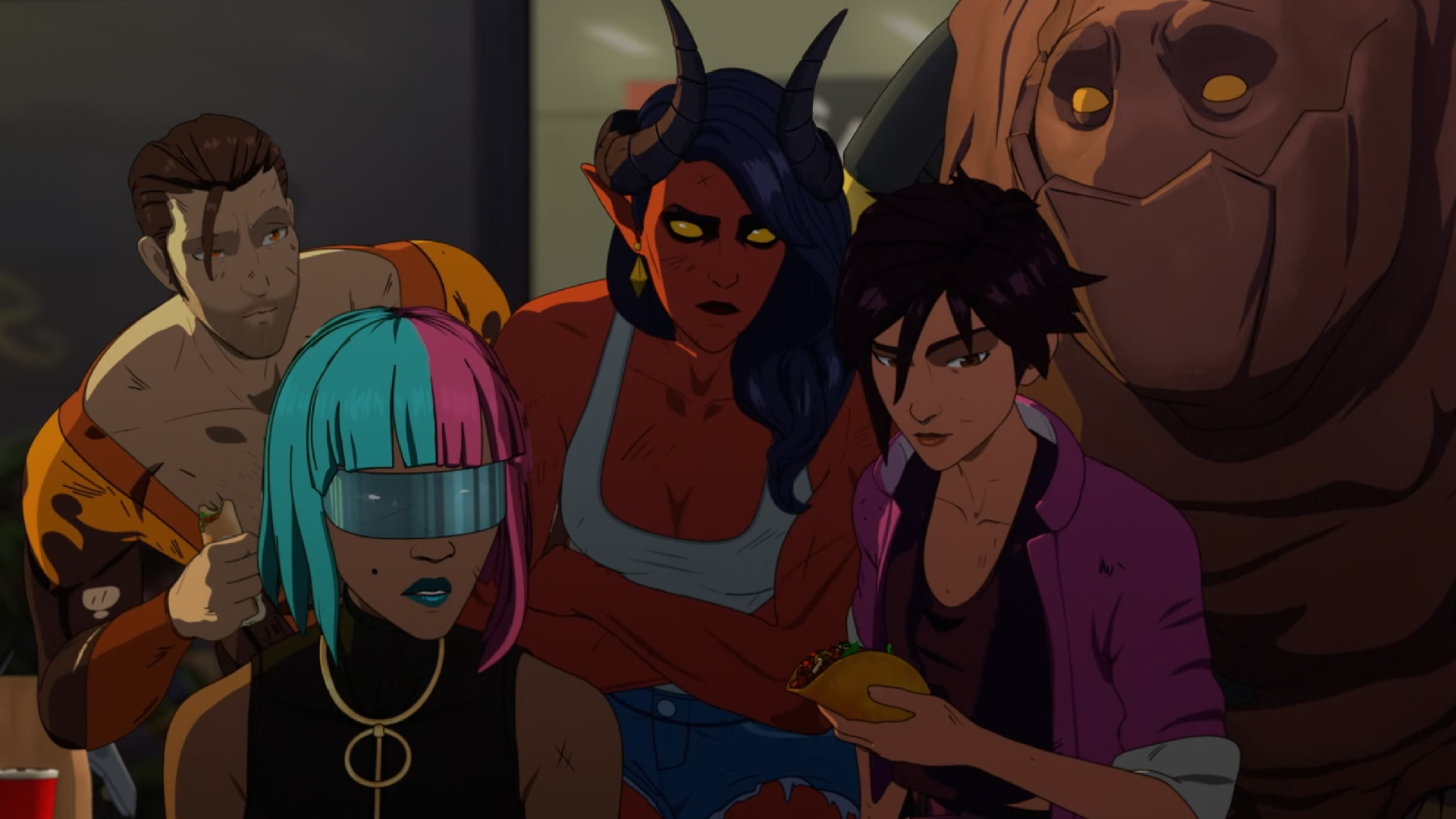 Flambee, Prism, Malevola, Invisigal, and Golem at the taco restaurant in Dispatch