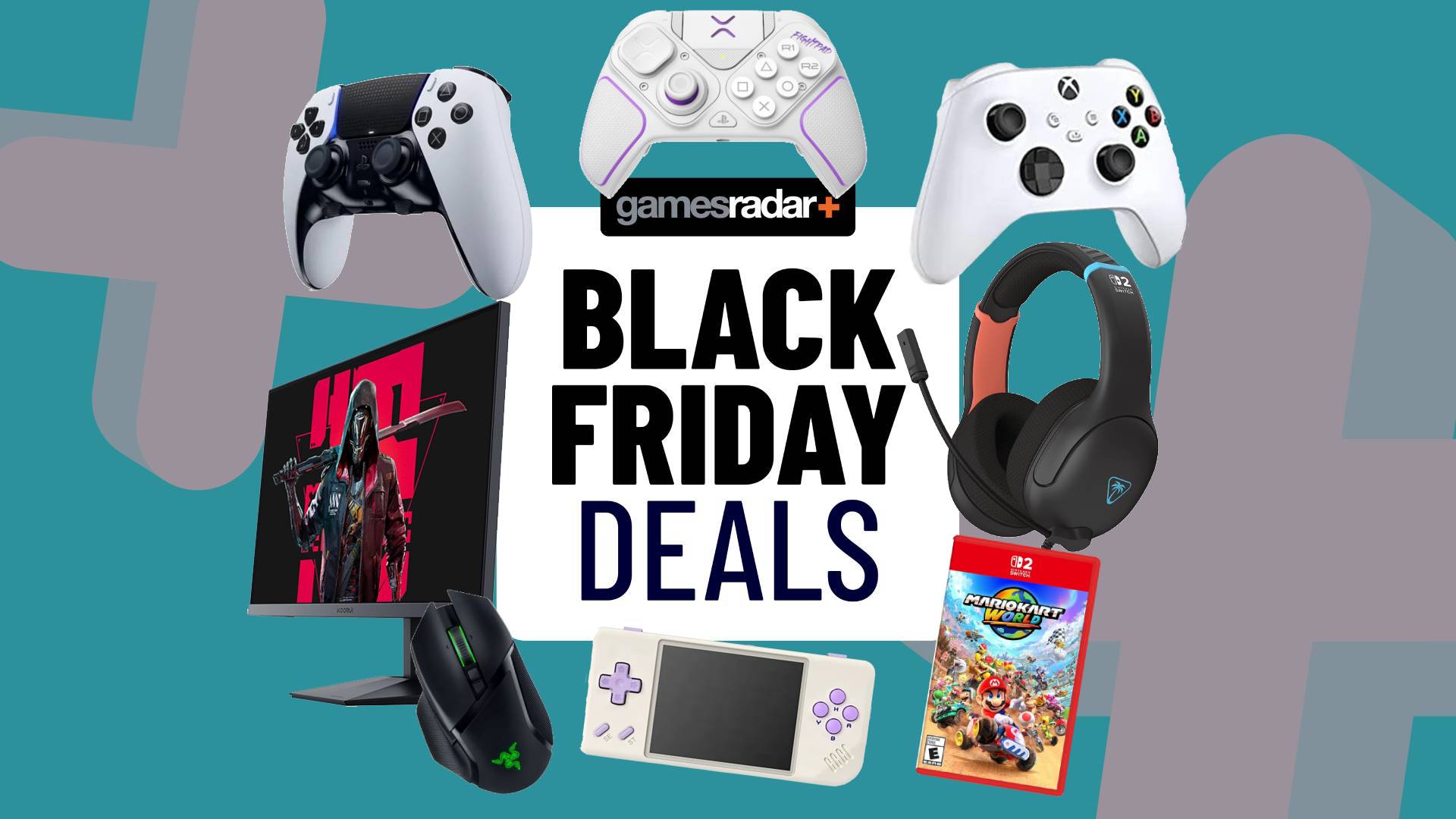 Black Friday deals GamesRadar+ badge surrounded by gaming monitors, controllers, accessories, and games, with teal backdrop.