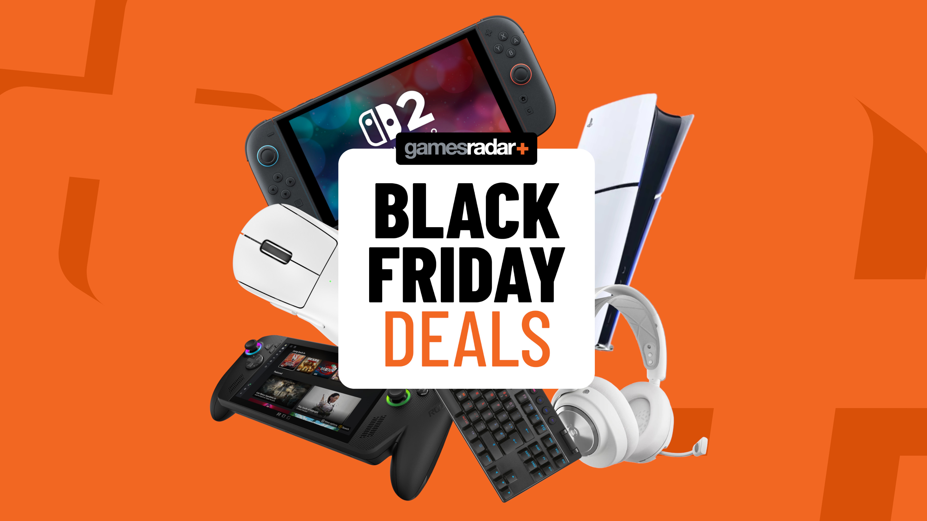 PS5, Nintendo Switch 2, and gaming accessories on an orange background with Black Friday deals badge